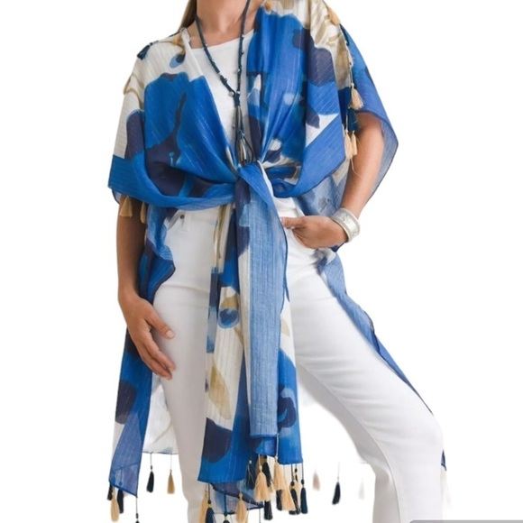 Aratta Silent Journey Kimono-Style Tassel Wrap Top In Blue One Size - Picture 3 of 9